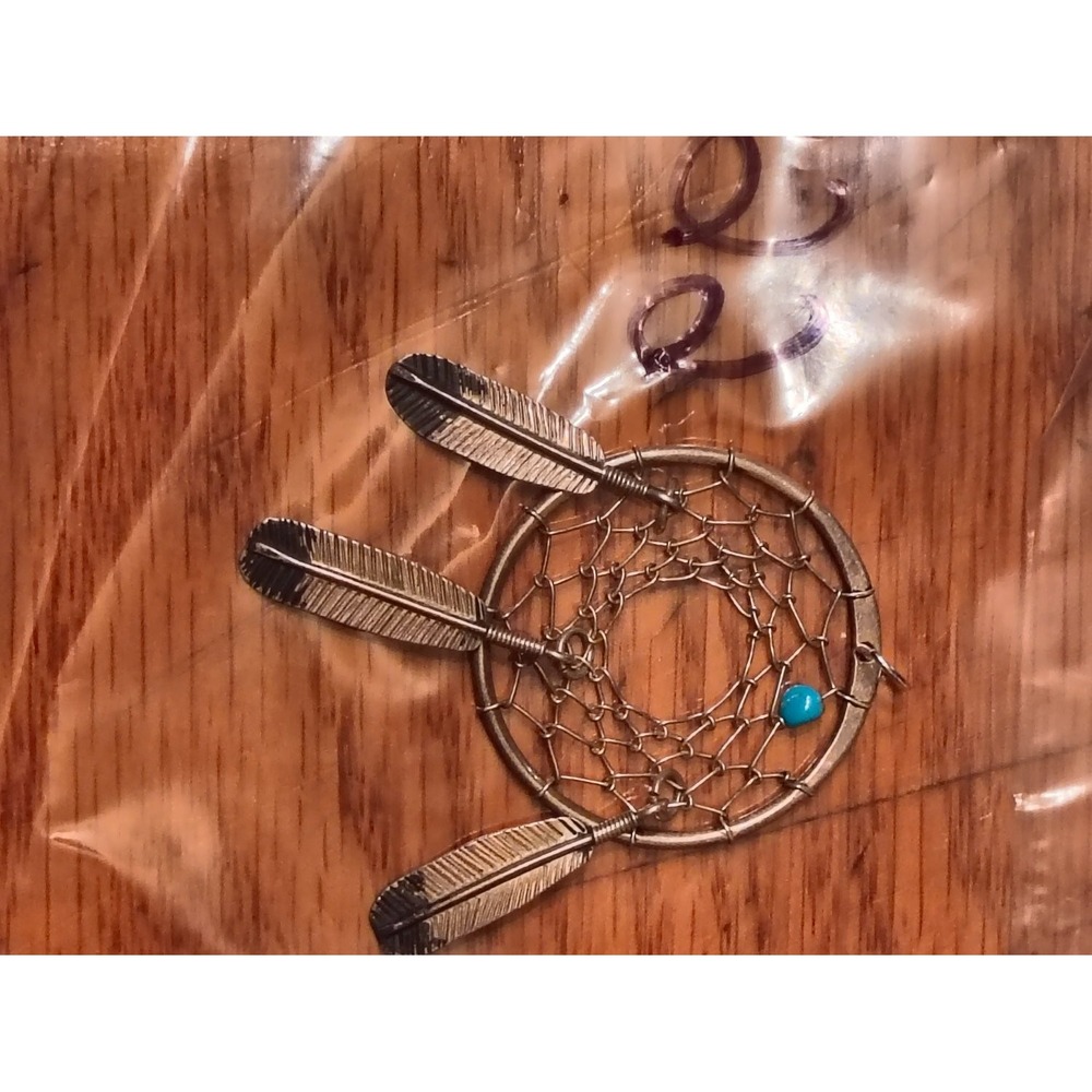 Vintage HW Sterling Silver Turquoise Dreamcatcher Pendant 3 Feather Charm 925